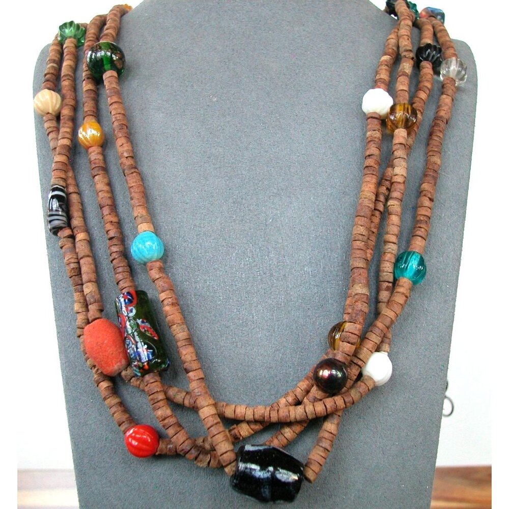 30 Inch Multi-Strand Wood Beaded Necklace With Colorful Glass Accents